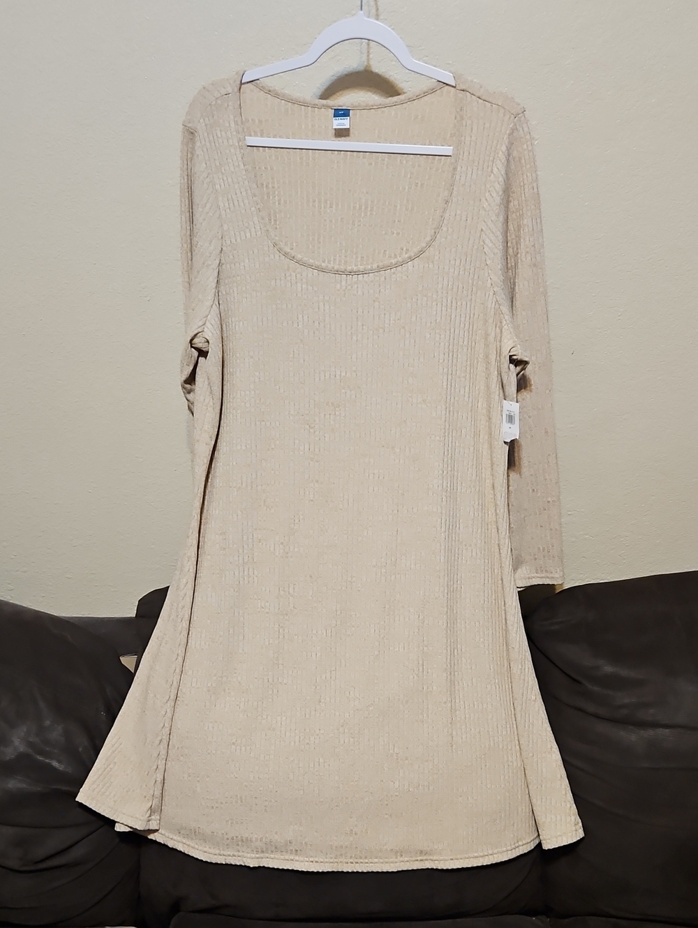 Old Navy Cream Ribbed Long Sleeve Scoop Neck Fit-and-Flare Dress